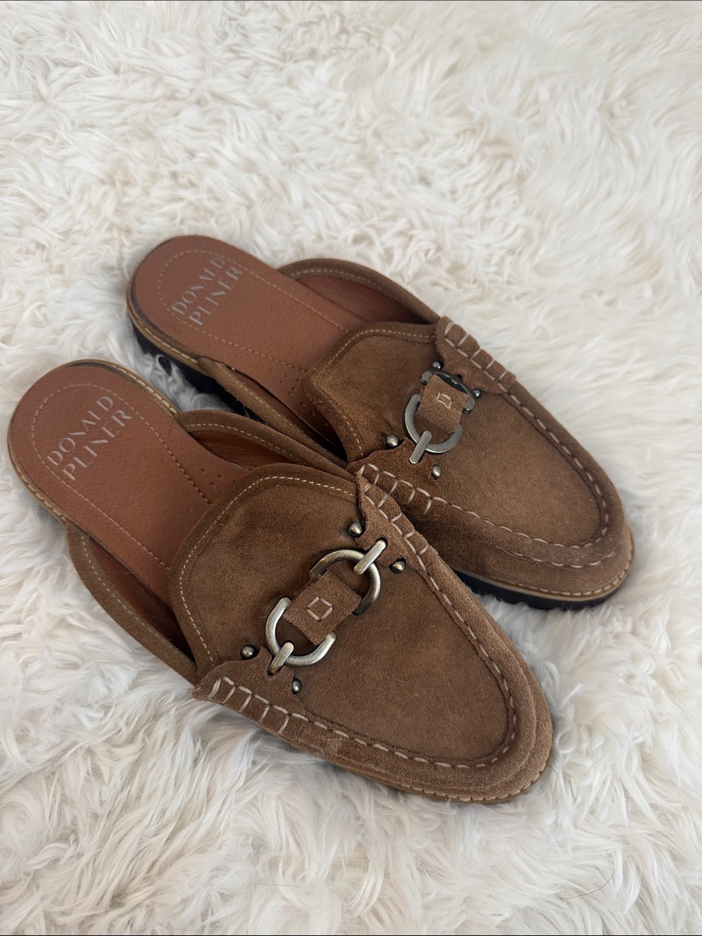 Donald J. Pliner Brown Suede Slip-On Mules with Metal Bit